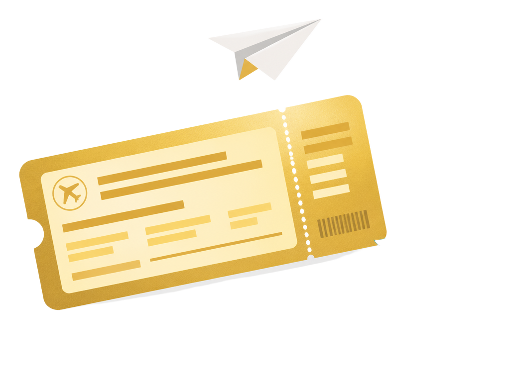 Gold boarding pass with a paper plane, illustrating the China flight giveaway