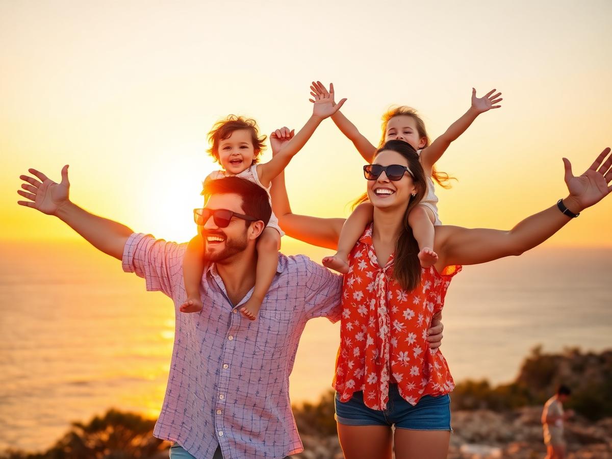 Family with arms outstretched at sunset, celebrating their holiday